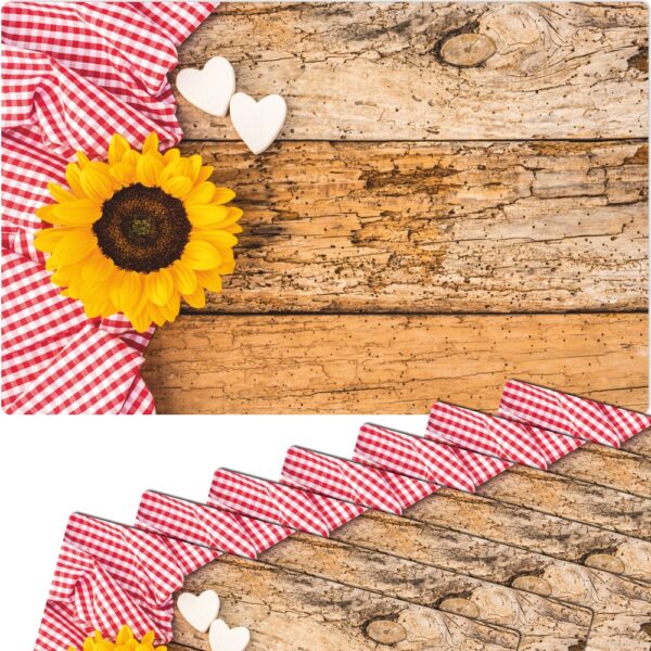 matches21 - Webshop Tischsets Platzsets MOTIV Sonnenblume auf Holz und Karo rot weiss 8 Stk Abwaschbar 119038 1 1 1