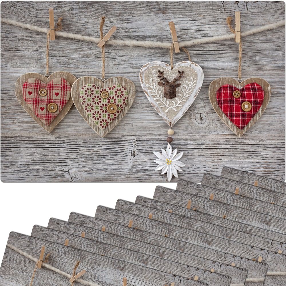 matches21 - Webshop Tischsets Platzsets MOTIV bunte Herzen und Holzbrett 12 Stk abwaschbar 43 5x28 5 cm 108865 1 1