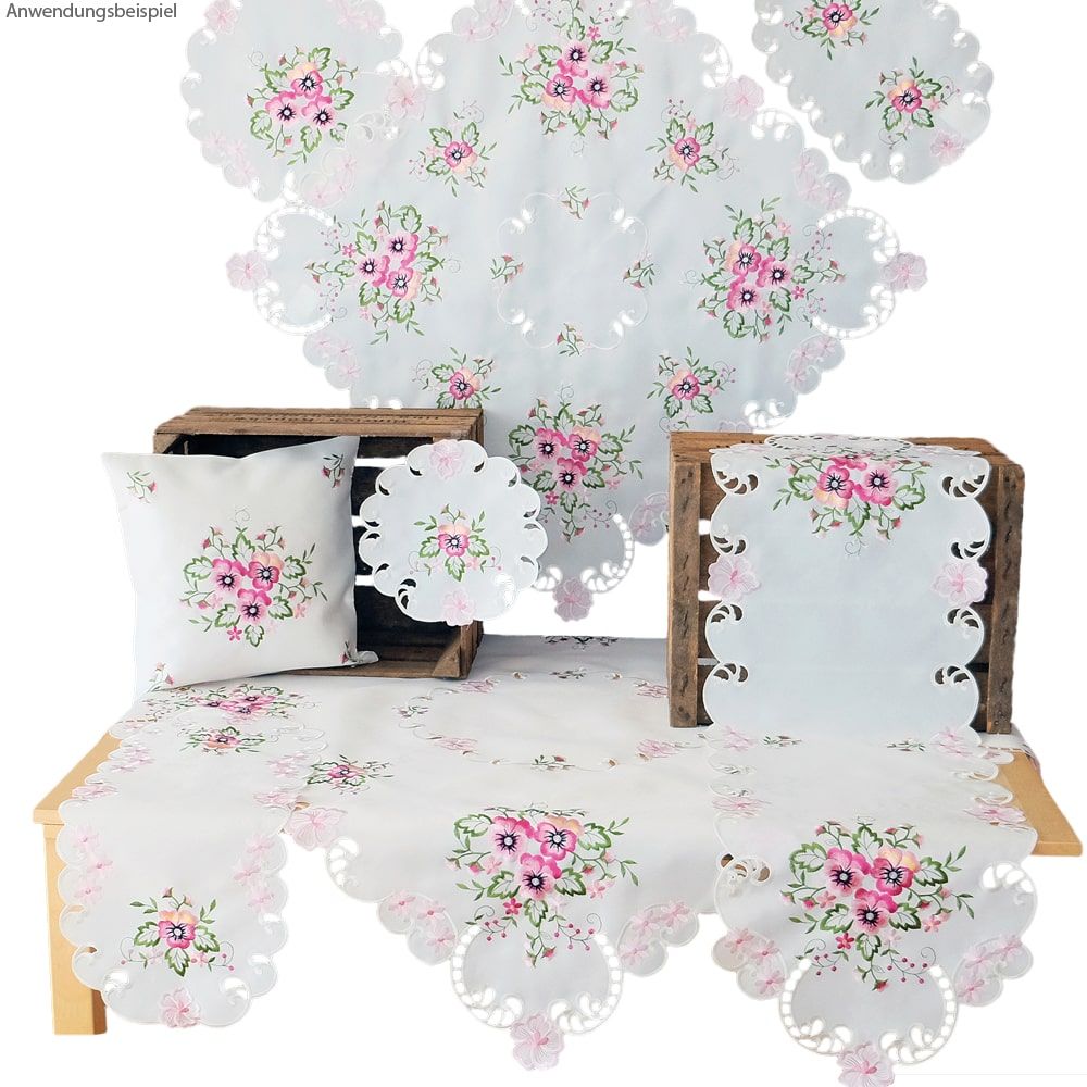 matches21 - Webshop Tischwaesche Heimtextilien Stiefmuetterchen weiss und Stick rosa 1 Stk viele Modelle 124100 1 1