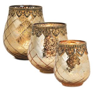 matches21 - Webshop Vintage Kerzenglas Windlicht gold in 3 Groessen Modernes Windlichtglas als Kerzenstaender Laterne und Teelichthalter Boho Kerzenhalter Teelichtglas fuer Wohnzimmer Tisch Deko Balkon Ho 25 17