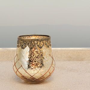 matches21 - Webshop Vintage Kerzenglas Windlicht gold in 3 Groessen Modernes Windlichtglas als Kerzenstaender Laterne und Teelichthalter Boho Kerzenhalter Teelichtglas fuer Wohnzimmer Tisch Deko Balkon 11 46