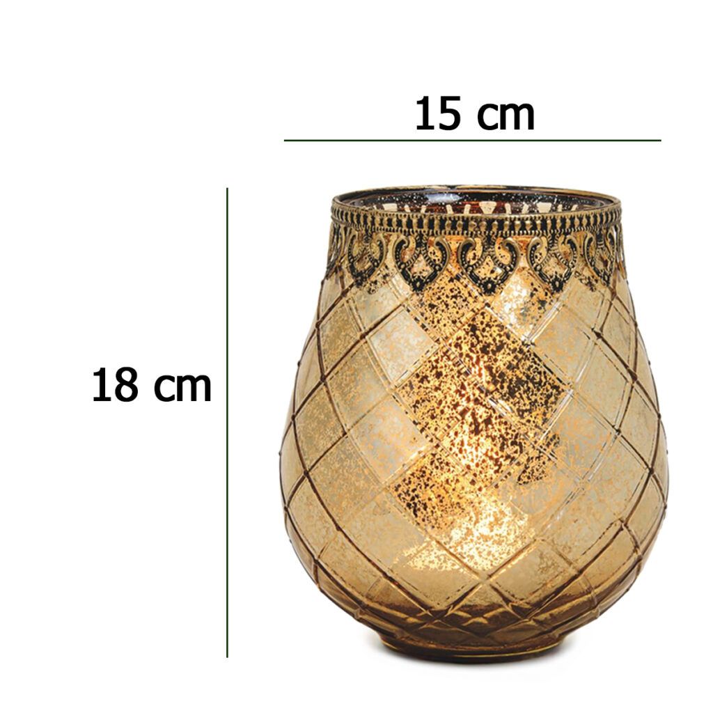 matches21 - Webshop Vintage Kerzenglas Windlicht gold in 3 Groessen Modernes Windlichtglas als Kerzenstaender Laterne und Teelichthalter Boho Kerzenhalter Teelichtglas fuer Wohnzimmer Tisch Deko Balkon 16 20
