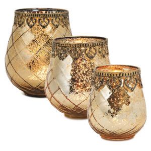 matches21 - Webshop Vintage Kerzenglas Windlicht gold in 3 Groessen Modernes Windlichtglas als Kerzenstaender Laterne und Teelichthalter Boho Kerzenhalter Teelichtglas fuer Wohnzimmer Tisch Deko Balkon 25 58