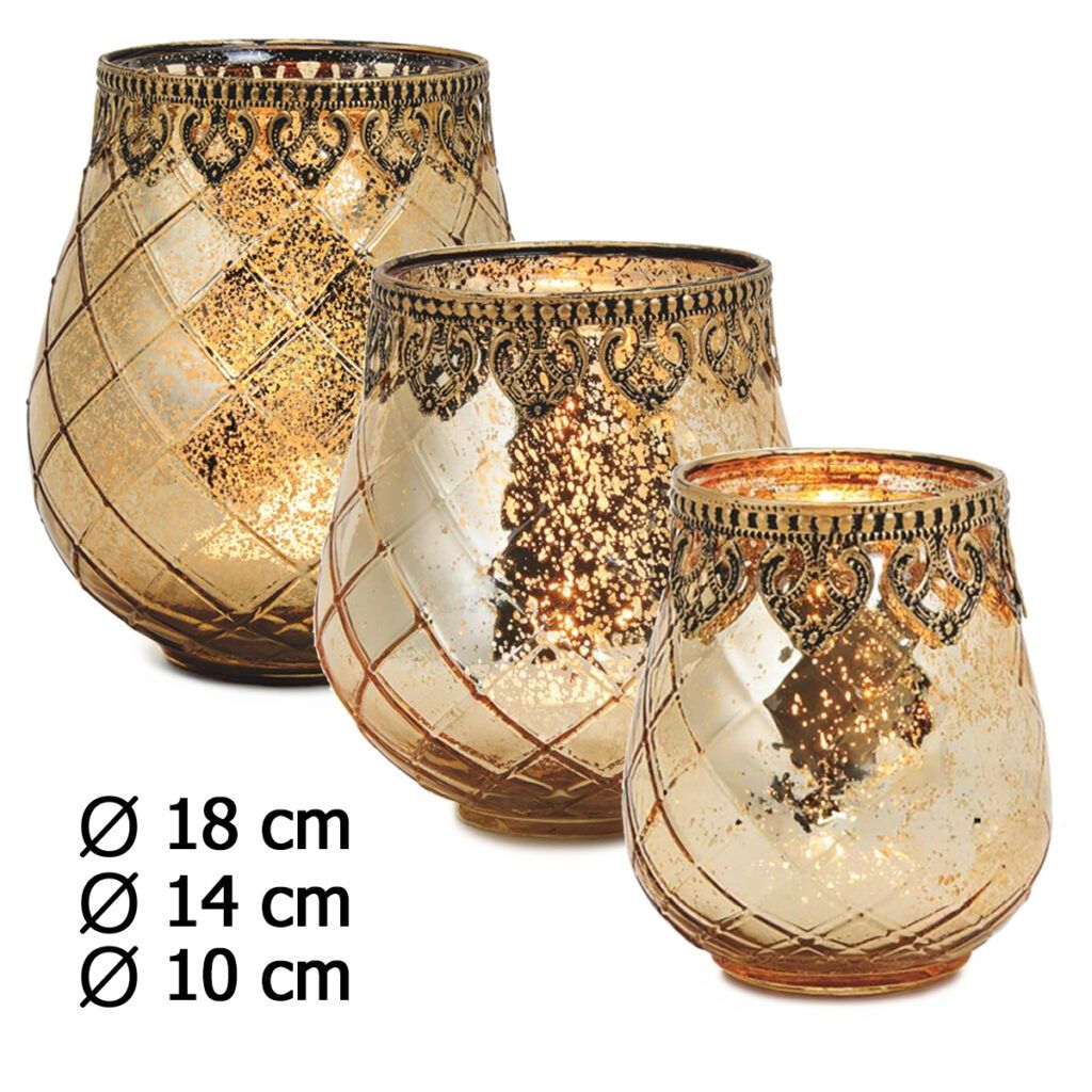 matches21 - Webshop Vintage Kerzenglas Windlicht gold in 3 Groessen Modernes Windlichtglas als Kerzenstaender Laterne und Teelichthalter Boho Kerzenhalter Teelichtglas fuer Wohnzimmer Tisch Deko Balkon 27 27