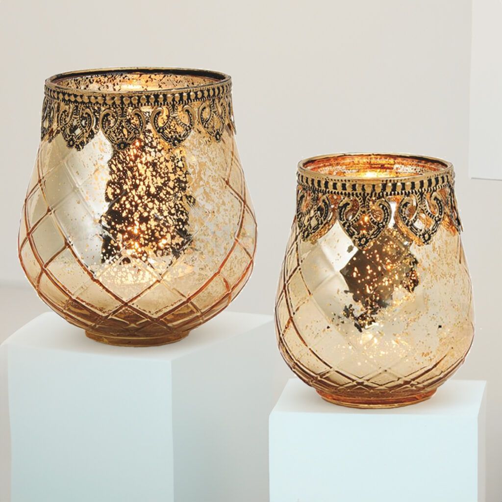 matches21 - Webshop Vintage Kerzenglas Windlicht gold in 3 Groessen Modernes Windlichtglas als Kerzenstaender Laterne und Teelichthalter Boho Kerzenhalter Teelichtglas fuer Wohnzimmer Tisch Deko Balkon 29 30