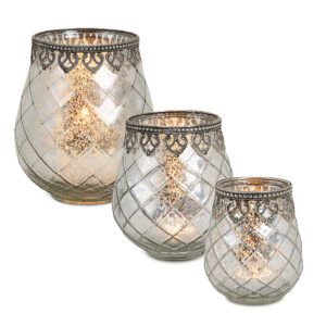 matches21 - Webshop Vintage Kerzenglas Windlicht silber in 3 Groessen Modernes Windlichtglas als Kerzenstaender Laterne und Teelichthalter Boho Kerzenhalter Teelichtglas fuer Wohnzimmer Tisch Deko Balko 11 30 13