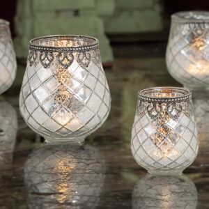 matches21 - Webshop Vintage Kerzenglas Windlicht silber in 3 Groessen Modernes Windlichtglas als Kerzenstaender Laterne und Teelichthalter Boho Kerzenhalter Teelichtglas fuer Wohnzimmer Tisch Deko Balko 26 117