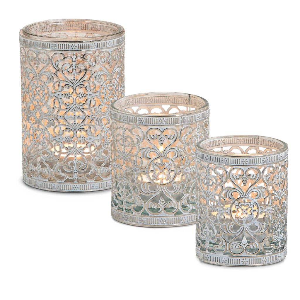 matches21 - Webshop Vintage Kerzenglas Windlicht silber weiss in 3 Groessen Modernes Windlichtglas als Kerzenstaender Laterne und Teelichthalter Boho Kerzenhalter Teelichtglas fuer Wohnzimmer Tisch Deko Ba 22 45