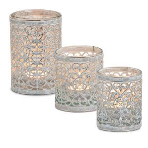 matches21 - Webshop Vintage Kerzenglas Windlicht silber weiss in 3 Groessen Modernes Windlichtglas als Kerzenstaender Laterne und Teelichthalter Boho Kerzenhalter Teelichtglas fuer Wohnzimmer Tisch Deko Ba 22 8