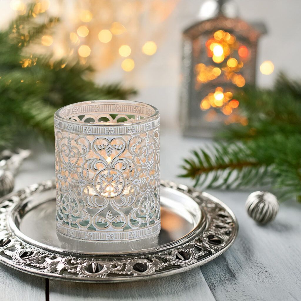 matches21 - Webshop Vintage Kerzenglas Windlicht silber weiss in 3 Groessen Modernes Windlichtglas als Kerzenstaender Laterne und Teelichthalter Boho Kerzenhalter Teelichtglas fuer Wohnzimmer Tisch Deko 14 59