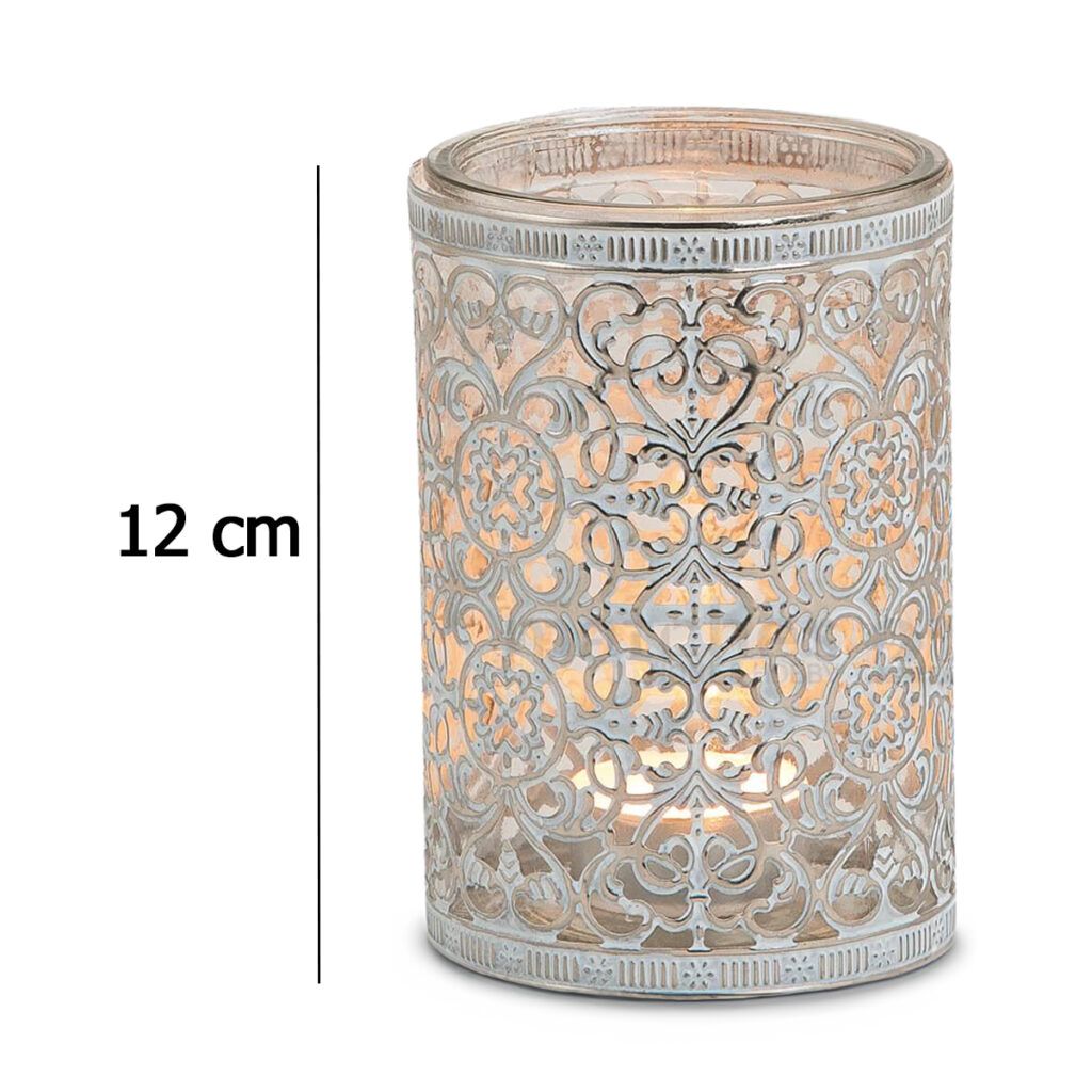 matches21 - Webshop Vintage Kerzenglas Windlicht silber weiss in 3 Groessen Modernes Windlichtglas als Kerzenstaender Laterne und Teelichthalter Boho Kerzenhalter Teelichtglas fuer Wohnzimmer Tisch Deko 16 61