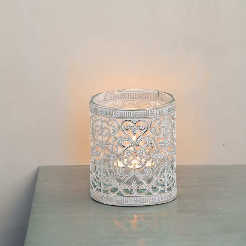 matches21 - Webshop Vintage Kerzenglas Windlicht silber weiss in 3 Groessen Modernes Windlichtglas als Kerzenstaender Laterne und Teelichthalter Boho Kerzenhalter Teelichtglas fuer Wohnzimmer Tisch Deko 4 49