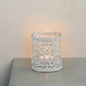 matches21 - Webshop Vintage Kerzenglas Windlicht silber weiss in 3 Groessen Modernes Windlichtglas als Kerzenstaender Laterne und Teelichthalter Boho Kerzenhalter Teelichtglas fuer Wohnzimmer Tisch Deko 4 71