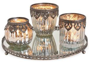 matches21 - Webshop Windlichter 2er Set auf Glastablett Orient Design silber 4 tlg Glas und Metallrand 116782 1 18