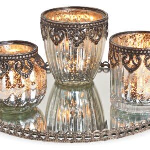 matches21 - Webshop Windlichter 2er Set auf Glastablett Orient Design silber 4 tlg Glas und Metallrand 116782 1 134