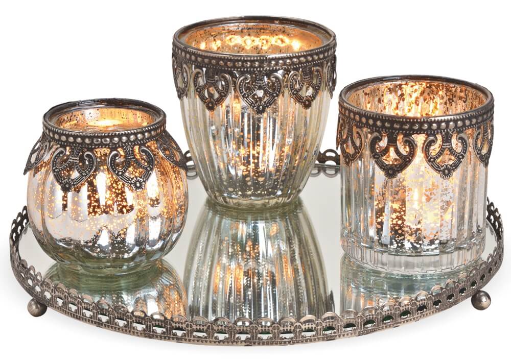 matches21 - Webshop Windlichter 2er Set auf Glastablett Orient Design silber 4 tlg Glas und Metallrand 116782 1 1