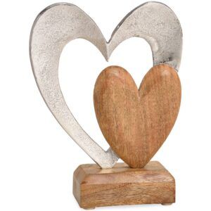 matches21 - Webshop Zwei Herzen Dekofigur Holz und Metall Liebe Skulptur mit Sockel silber braun 21 cm 122015 1 16