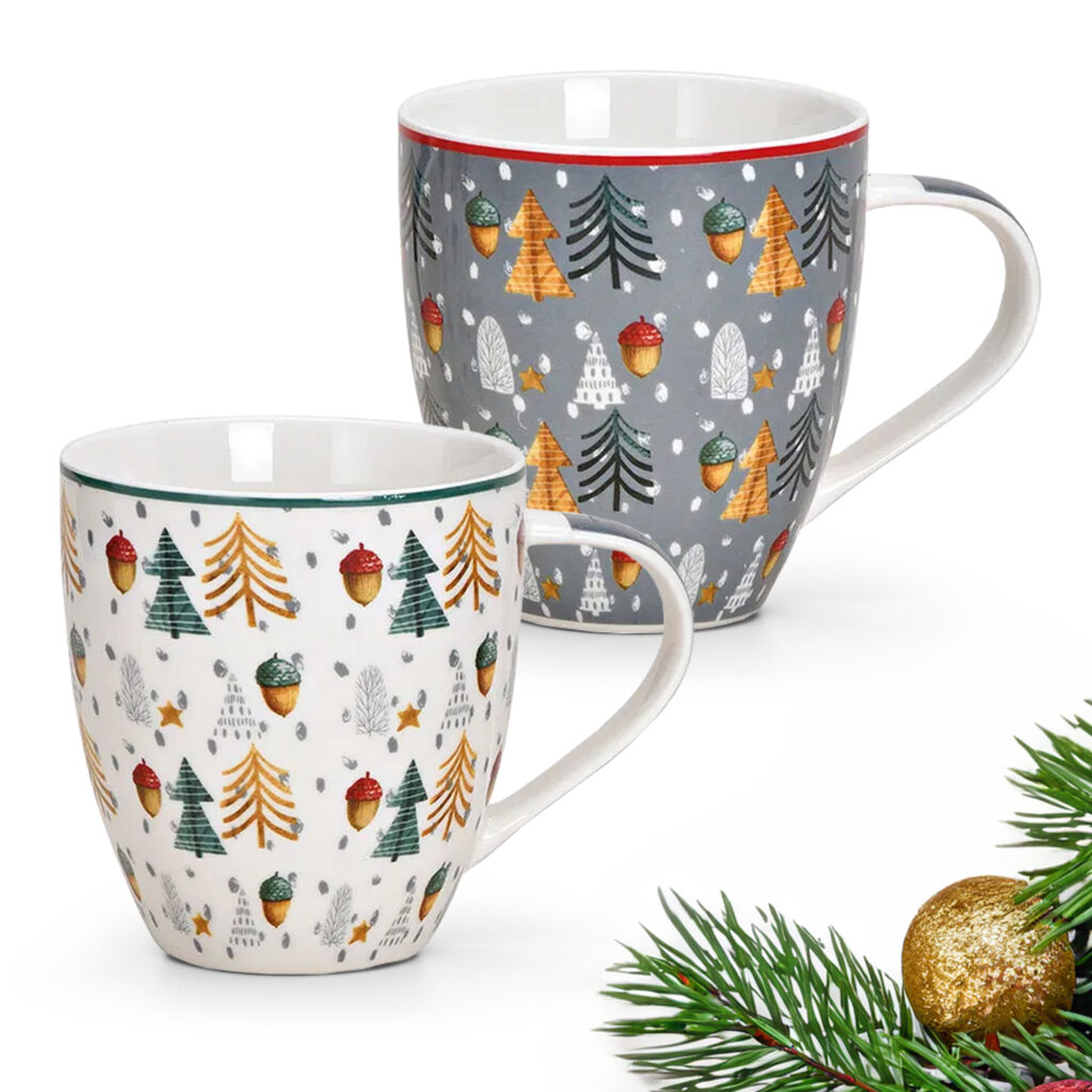 matches21 - Webshop Jumbo Tassen Weihnachtstassen Baeume und Eicheln weiss und grau Porzellan 2er Set 10cm 116648 1 1