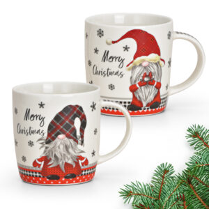 matches21 - Webshop Tassen MERRY CHRISTMAS Wichtel grau und rot Porzellan 2er Set sort 12x9x8 cm 340 ml 122610 1 3