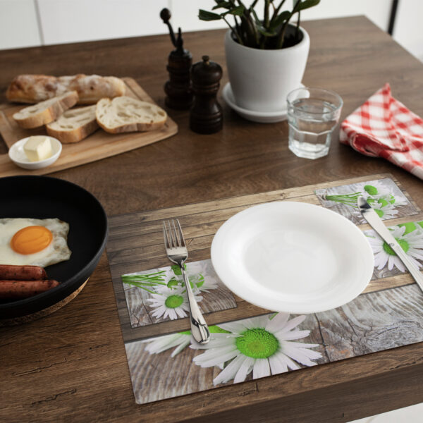 matches21 - Webshop Tischset Platzset MOTIV Margeriten Blueten und Holzbrett 1 Stk abwaschbar 109470 5 6