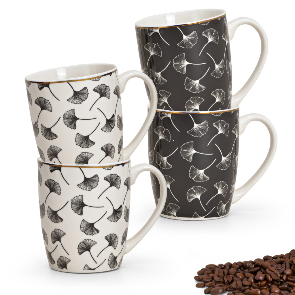 matches21 - Webshop Kaffeetassen Tassen Ginkgo Blaetter Porzellan schwarz weiss gold 4er Set sort 10 cm 122045 1 1