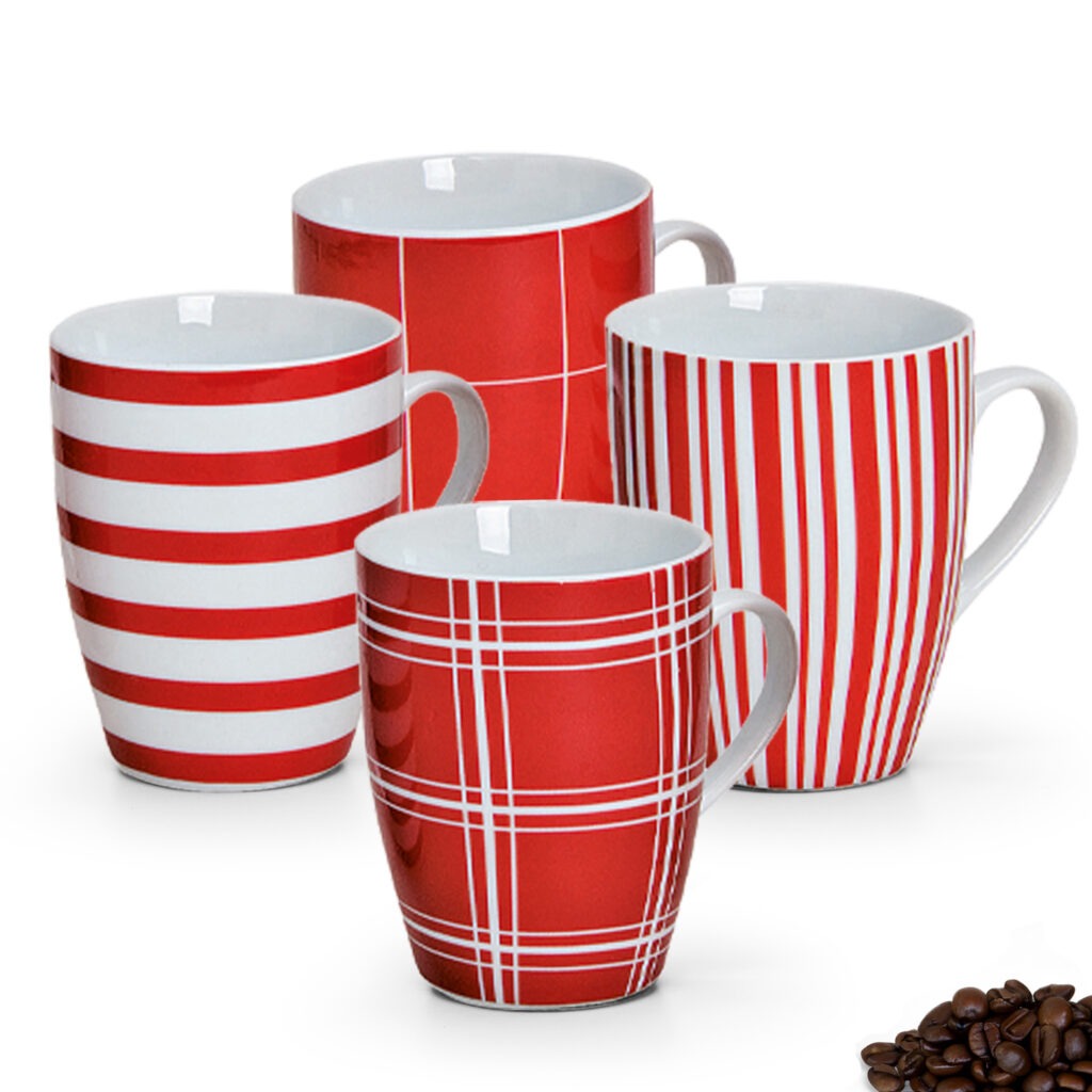 matches21 - Webshop Kaffeetassen Tassen rot weisse Streifen und Karo Designs Porzellan 4er Set sort 10 cm 122061 1 1