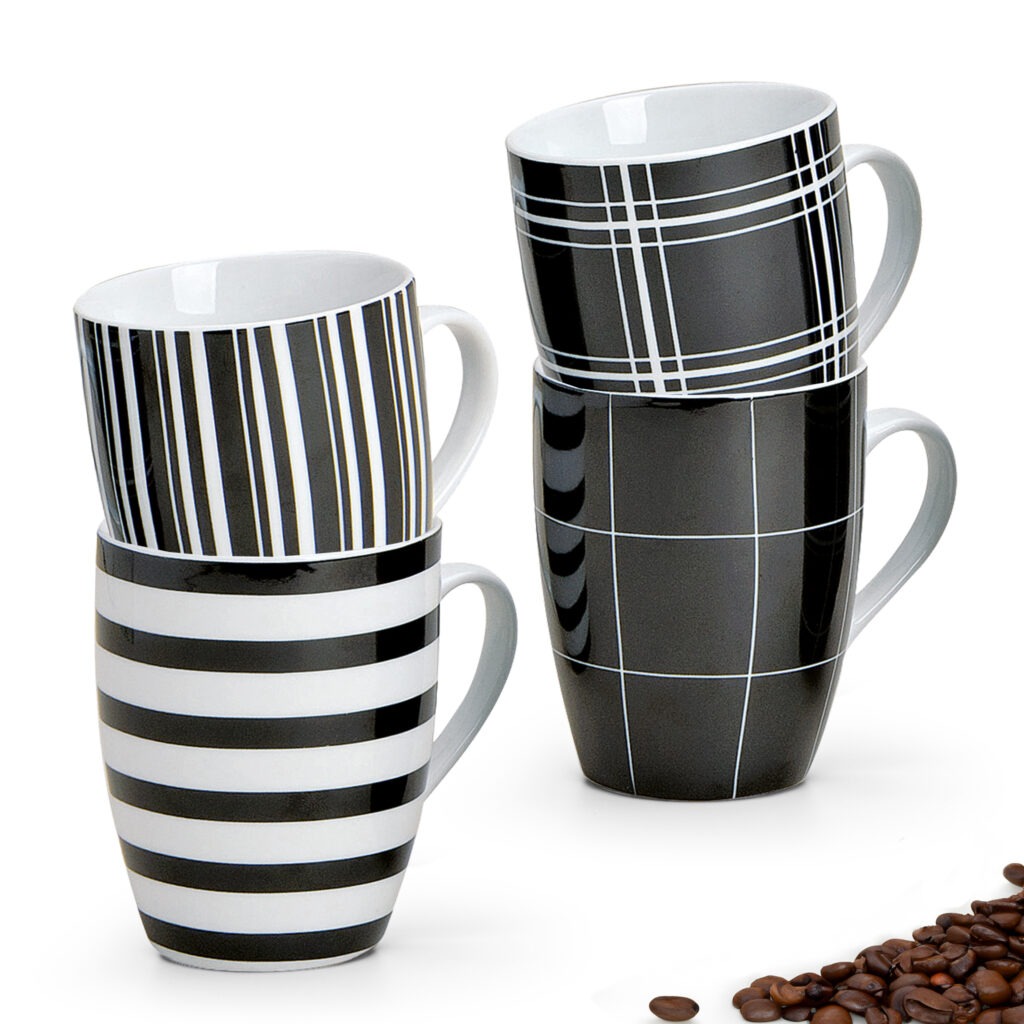 matches21 - Webshop Kaffeetassen Tassen schwarz weisse Streifen und Karo Designs Porzellan 4er Set sort 10 cm 122065 1