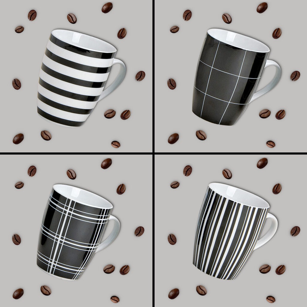 matches21 - Webshop Kaffeetassen Tassen schwarz weisse Streifen und Karo Designs Porzellan 4er Set sort 10 cm 122065 2 3