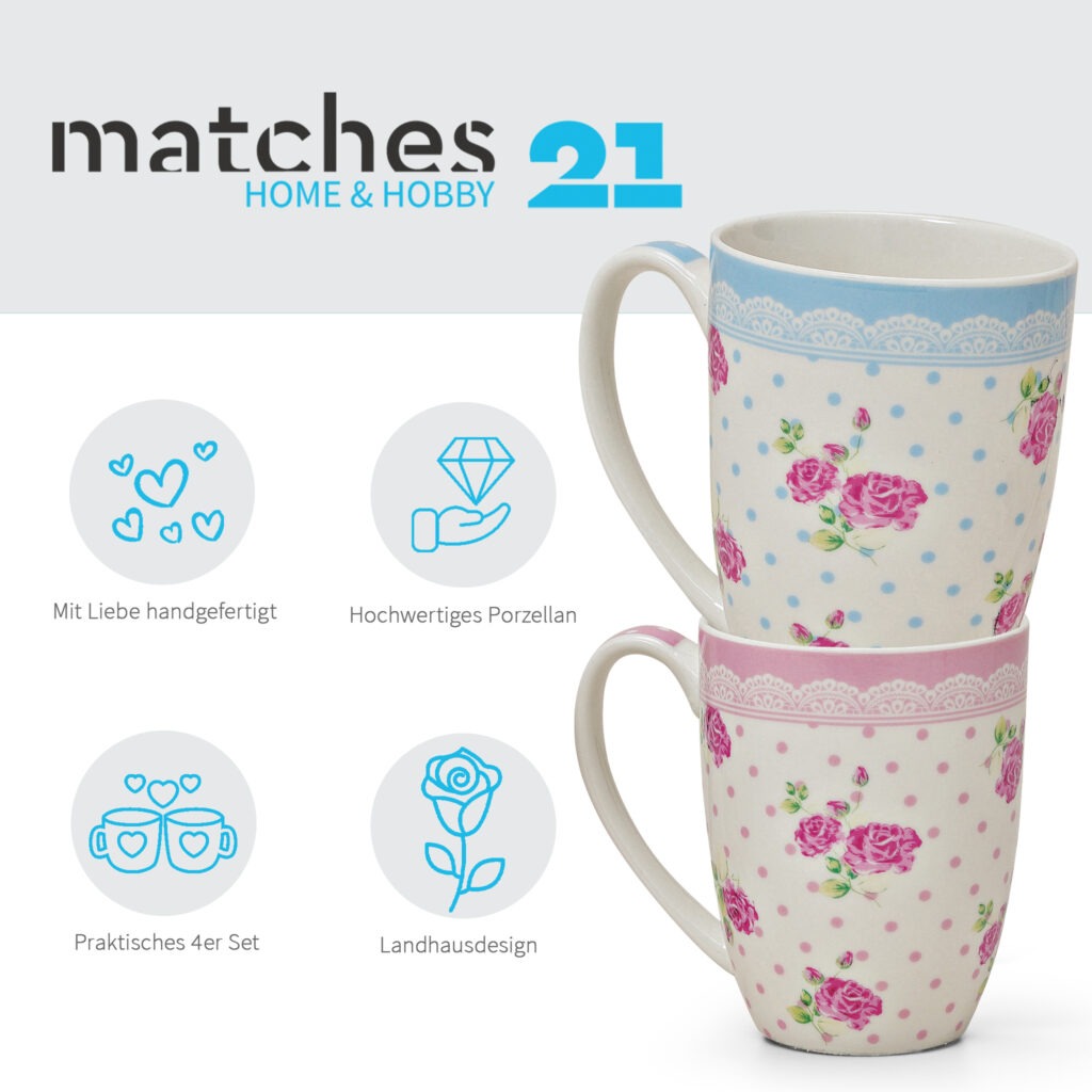 matches21 - Webshop Tassen Becher Kaffeebecher Rosen Dekor rosa blau Porzellan 4er Set je 300 ml 111723 1 2