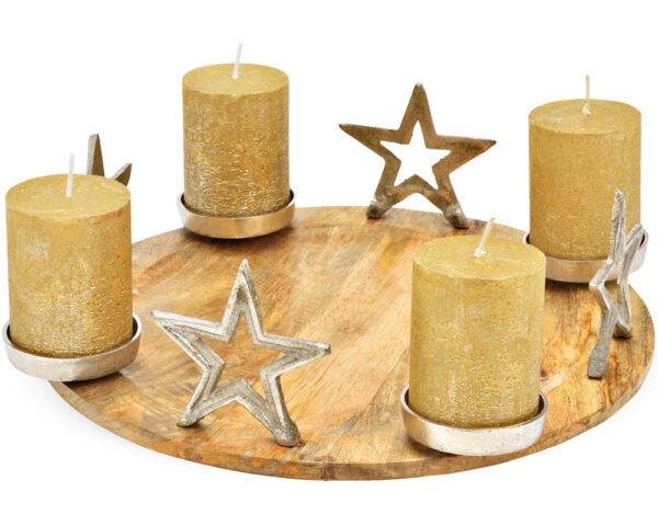 matches21 - Webshop Adventskranz Advent Mangoholz Kerzenhalter Sterne Holz Metall silber 36 cm 125755 1 1