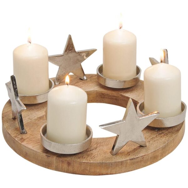 matches21 - Webshop Adventskranz Kerzenhalter Sterne Metall und Holz Weihnachten silber braun 30 cm 114614 1 1 1