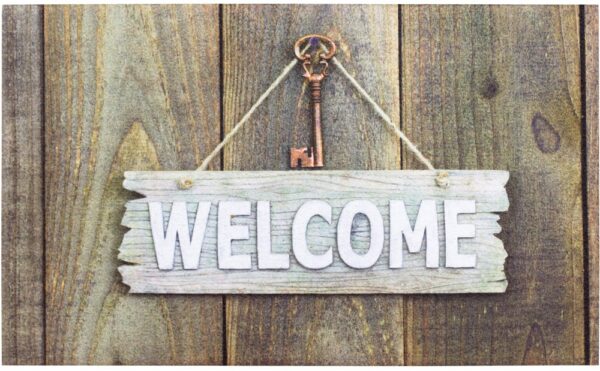 matches21 - Webshop Fussmatte Gummimatte OUTDOOR DECOR Welcome Schild und Schluessel auf Holzwand 45x75 cm 118917 1 1