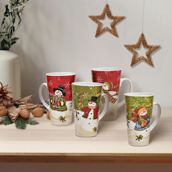 matches21 - Webshop Grosse Becher Tassen Weihnachtsmotiv Schneemann 4er Set 15cm 500 ml gruen rot 103579 3 1 3