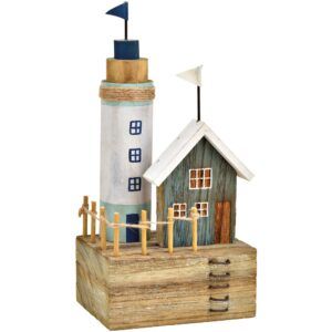 matches21 - Webshop Leuchtturm mit Haus Hafen Szene Dekofigur Holz Badezimmer bunt 1 Stk 14x26 cm 123962 1 5