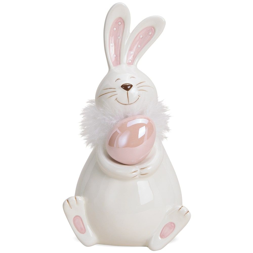 Niedlicher Osterhase mit Ei & Plüsch Keramik Osterdeko weiß rosa 1 Stk