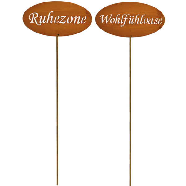 matches21 - Webshop Schilder Metall Rostoptik Gartendeko RUHEZONE und WOHLFueHLOASE 2er sort 20 cm 121366 1 1