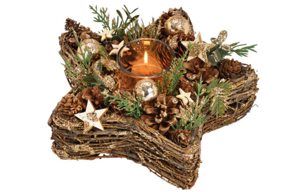 matches21 - Webshop Stern Adventsgesteck Weihnachten Teelichtglas mit Kugeln und Zapfen 1 Stk 26x11 cm 122496 1 1