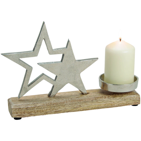 matches21 - Webshop Sterne Kerzenhalter Deko Holz und Metall Weihnachten silber braun 1 Stk 25 cm 114611 1 1