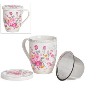 matches21 - Webshop Teetasse Teebecher mit Deckel und Sieb Motiv Blumen Rosen rosa bunt Porzellan 9 cm 116907 1 2