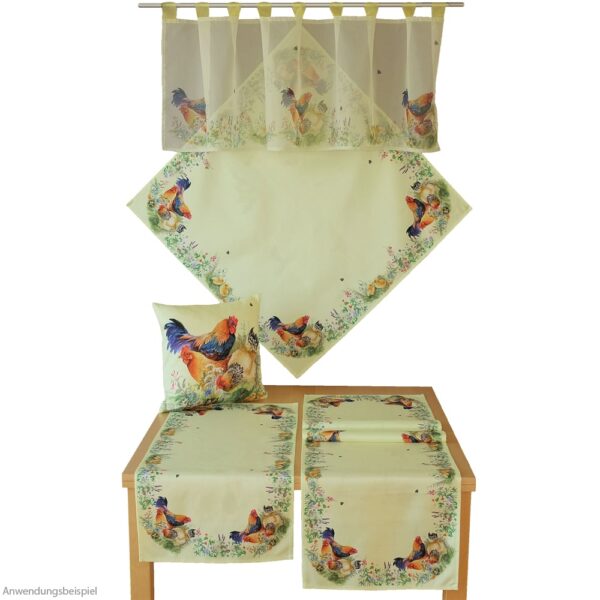 matches21 - Webshop Tischdecke Mitteldecke Hahn Henne Kueken Blumenwiese Druck Tischwaesche 85x85 cm 120996 1 1 2