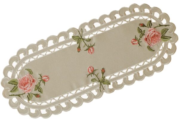 matches21 - Webshop Tischlaeufer Mitteldecke oval Stick Rosen dunkelecru Tischwaesche 1 Stk 30x70 cm 122412 2 2 1