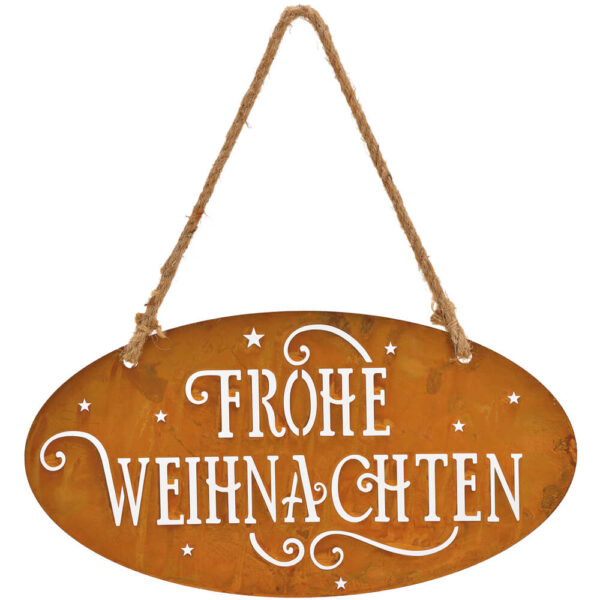 matches21 - Webshop Tuerschild FROHE WEIHNACHTEN mit Kordel Metall Rostoptik oval 1 Stk 38x20 cm 122474 1 1