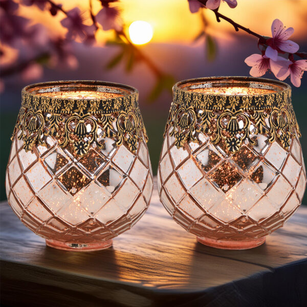 matches21 - Webshop Vintage Kerzenglas Windlicht rot gold in 3 Groessen Modernes Windlichtglas als Kerzenstaender Laterne und Teelichthalter Boho Kerzenhalter Teelichtglas fuer Wohnzimmer Tisch Deko Bal 12 56