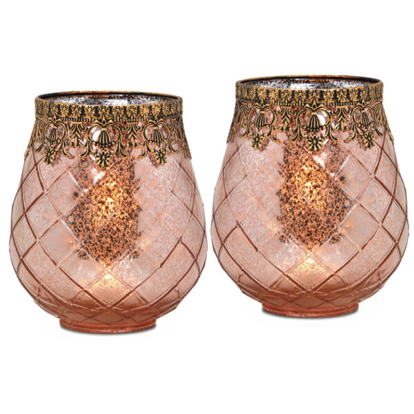 matches21 - Webshop Vintage Kerzenglas Windlicht rot gold in 3 Groessen Modernes Windlichtglas als Kerzenstaender Laterne und Teelichthalter Boho Kerzenhalter Teelichtglas fuer Wohnzimmer Tisch Deko Bal 21 66