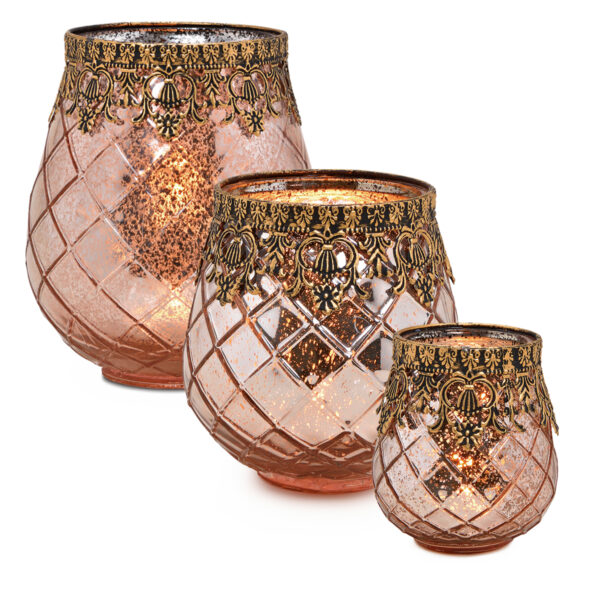 matches21 - Webshop Vintage Kerzenglas Windlicht rot gold in 3 Groessen Modernes Windlichtglas als Kerzenstaender Laterne und Teelichthalter Boho Kerzenhalter Teelichtglas fuer Wohnzimmer Tisch Deko Balk 7 17 45