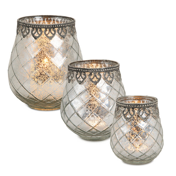 matches21 - Webshop Vintage Kerzenglas Windlicht silber in 3 Groessen Modernes Windlichtglas als Kerzenstaender Laterne und Teelichthalter Boho Kerzenhalter Teelichtglas fuer Wohnzimmer Tisch Deko Balko 11 30 181