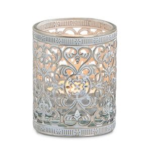 matches21 - Webshop Vintage Kerzenglas Windlicht silber weiss in 3 Groessen Modernes Windlichtglas als Kerzenstaender Laterne und Teelichthalter Boho Kerzenhalter Teelichtglas fuer Wohnzimmer Tisch Deko 1 2