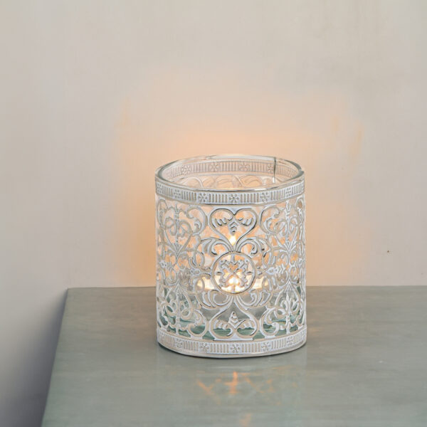 matches21 - Webshop Vintage Kerzenglas Windlicht silber weiss in 3 Groessen Modernes Windlichtglas als Kerzenstaender Laterne und Teelichthalter Boho Kerzenhalter Teelichtglas fuer Wohnzimmer Tisch Deko 11 56