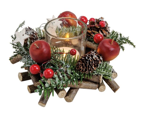 matches21 - Webshop Windlicht Weihnachtskranz Tannenzweige bunt Glas Holz Kunststoff 14x8 cm 125912 1 1