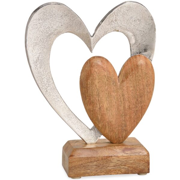 matches21 - Webshop Zwei Herzen Dekofigur Holz und Metall Liebe Skulptur mit Sockel silber braun 21 cm 122015 1 1